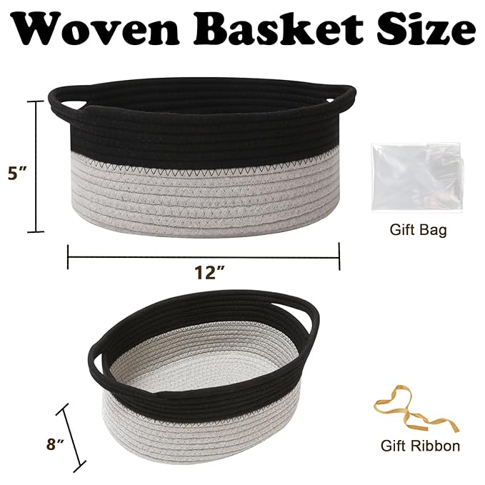 Gift Basket with Gift Bag and Ribbons,Small Rope Woven Shelf Storage,Baskets for Gifts Empty,Birthday,Shower,Decorative Organizer Box for Cat Dog Pet with Handles(Black&Grey)
