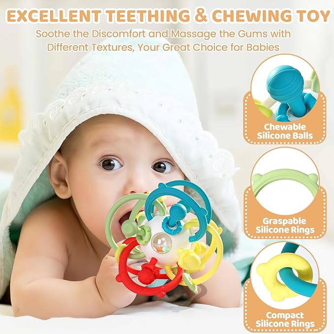 Orzbow Rattle & Sensory Teething Toys for Baby, Montessori Teethers Toys for Babies 3-12 Months, Infant Teething Relief Chew Toys, Stimulating Little Minds & Hands with Educational Toys for Toddlers