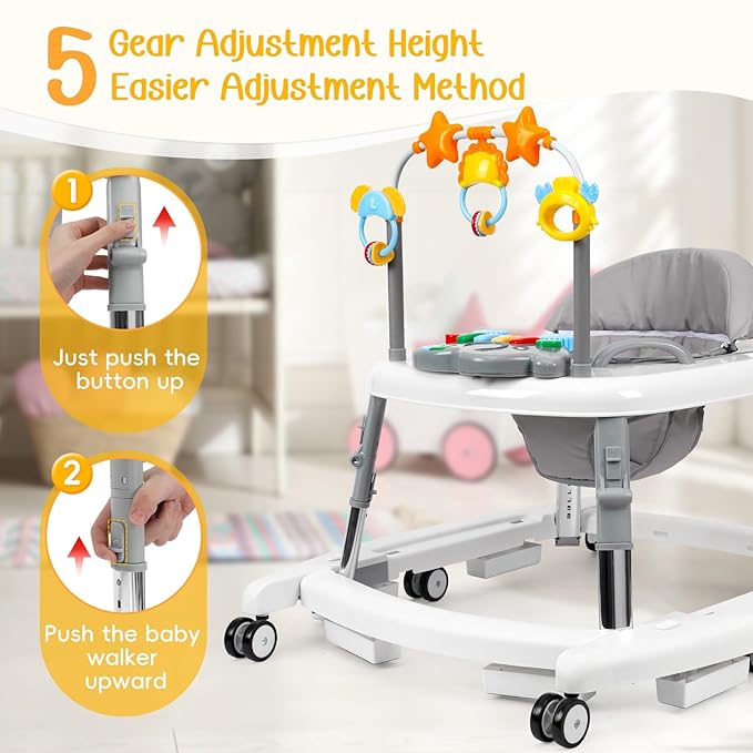5-in-1 Music and Lights Baby Walker Foldable with 5 Adjustable Heights, Baby Walker with Wheels and Bouncer Combo Portable, Infant Toddler Walker for Baby Boy Girls 6-18 Months