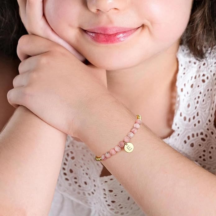 Ritach Initial Bracelets for Girls - Pink Zebra Natural Stone Bracelet Real Gold Plated Beaded Bracelets Adjustable Disc Initial Bracelets for Girls Kids Teen Girl Gifts