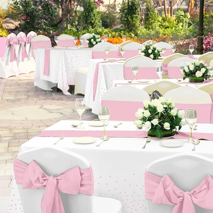8Pack Disposable Plastic Tablecloths and Satin Table Runner Set White Pink Dot Table Cloth Gold Satin Table Runner for Graduation Wedding Birthday Baby Shower Anniversary Holiday Party Decorations