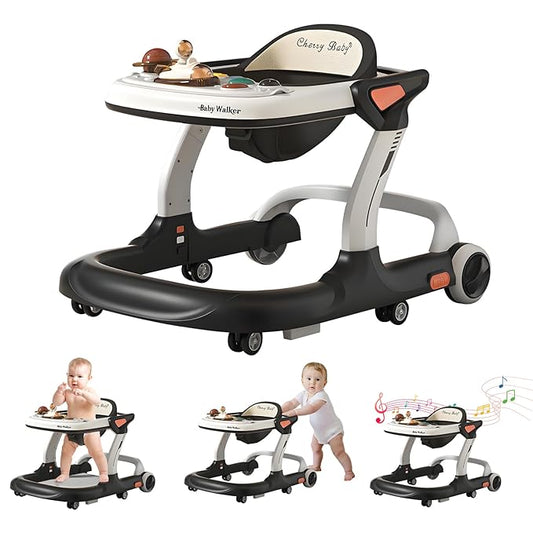 Baby Walker,Music & Lights Baby Walker with Wheels,9 Adjustable Heights Baby Activity Center,Baby Walkers with Foot Pads for Boys Girls Babies,Anti-Fall Bouncer Combo