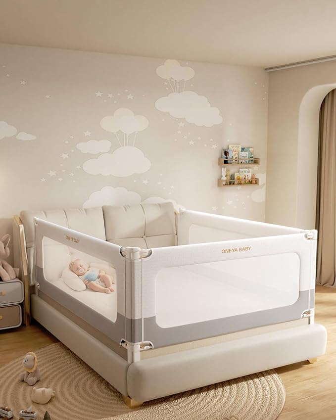 3 Piece Bed Rails for King Size Bed, No-Drill Needed Baby Bed Rail Guard for Toddlers with Height Adjustable, Thickened Child Safety Side Railing Guards/Bedrail for Kids, White/Grey, 74.8x78.7x78.7in