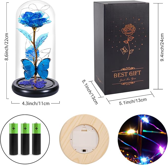DEEMEI Birthday Gifts for Women Blue Rose Eternal Flower Light Up Rose in Glass Dome with Butterfly, Flowers for Delivery Prime Anniversary Grandma Mom Gift Wife Girlfriend
