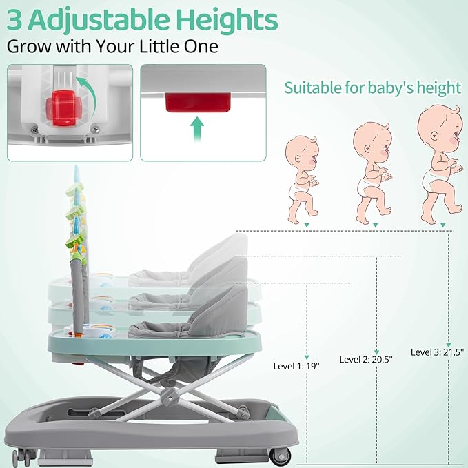Foldable Baby Walker with Wheels, 3 Height Settings, 4-in-1 Activity Center for 6-18 Months with Tray, Music & Removable Footrest