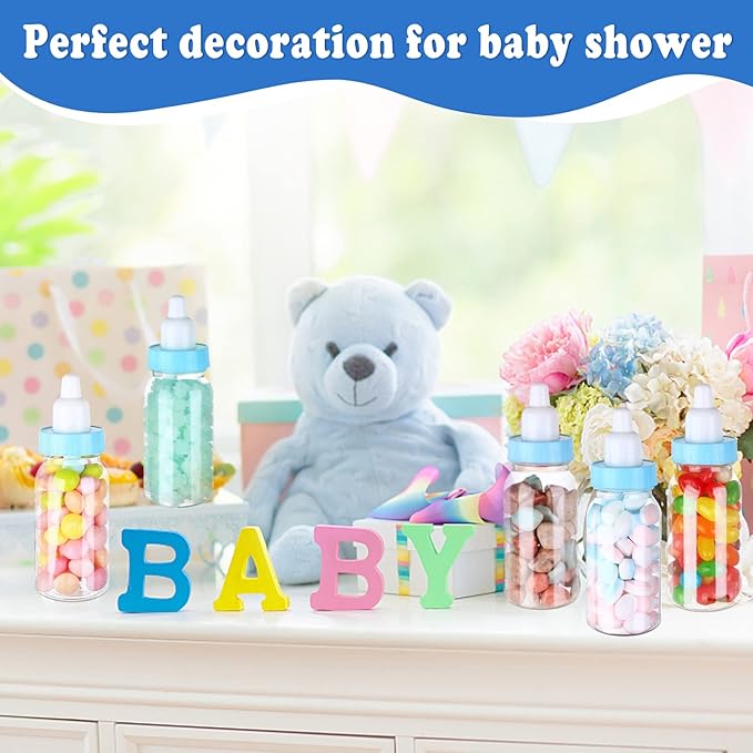 60 Pcs 4.5 Inch Baby Mini Milk Bottle Baby Shower Favor Fillable Feeding Bottle Candy Box Small Plastic Candy Container DIY Gift for Boy Girl Newborn Baptism Party Decor (Blue)