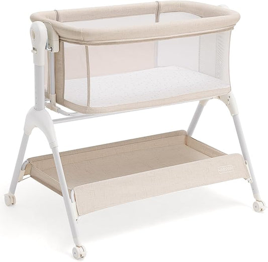 HARPPA Cuddly Rocking Bedside Bassinet for Baby, 3 in 1 Baby Bassinet with Wheels, Breathable Mesh, Adjustable Height Bedside Sleeper for Newborns, Beige
