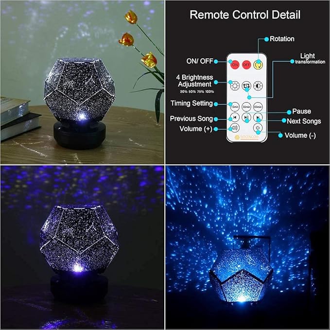 Galaxy Star LED Night Light Projector Bluetooth Music Player Rotating 3 Colours Adjustable Lights USB Cable Rechargeable Remote Control