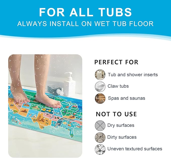 XIYUNTE Baby Bath Mat for Tub Non Slip Kids Bath Mat - 40''x16'' Extra Long Map Bath Tub Mat Non Slip, Eco-Friendly Toddler Bath Mats with Suction Cups for Secure Grip, Easy to Clean & Easy Drying