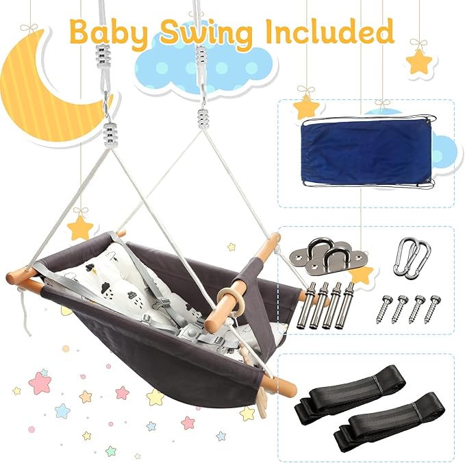 Baby Swing Outdoor Indoor for Infants to Toddlers, Portable Adjustable Baby Porch Swing with 5-Point Safety Belt, Kids Tree Hanging Chair Toys for Door Garden Backyard