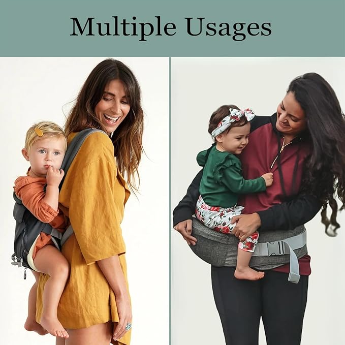 Baby Carrier with Hip Seat for Newborn to Toddler, Adjustable 6-in-1 Baby Carrier with Hip Seat Lumbar Support, Perfect for On-The-go, Grey