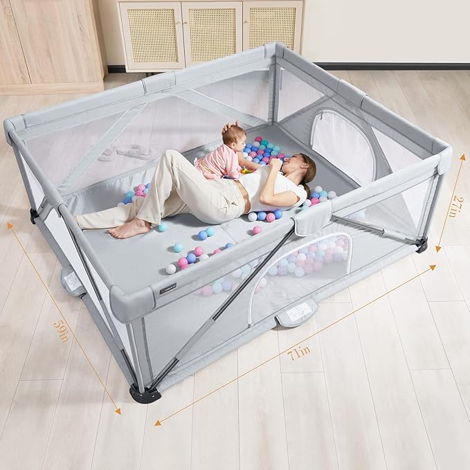 ANGELBLISS Baby Playpen, Foldable Playpen for Babies and Toddlers, Indoor & Outdoor Baby Activity Center with Visible Breathable Mesh, Portable Play Yard with 2 Handlers+50 Balls (Grey, 71 * 71)