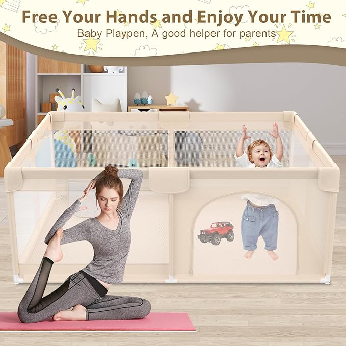 Playpen for Babies and Toddlers 50x50 inch - Baby Gate Playyard with Soft Breathable Mesh Cover - Indoor and Outdoor Baby Play Pen - Portable Playpen for Babies (Apricot)