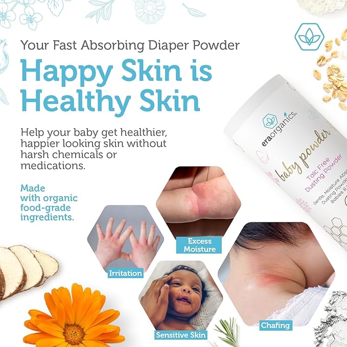 Era Organics Talc-Free Organic Baby Powder - USDA Organic Dusting Powder with Arrowroot, Calendula and Cornstarch for Newborns, Babies or Toddlers - Soothing, Fragrance Free, Made in USA (3oz/85g)