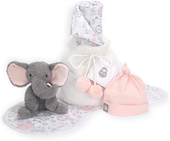 Lambs & Ivy 5 Piece Pink/Gray Plush Infant/Newborn Baby Gift Bag w/Swaddle