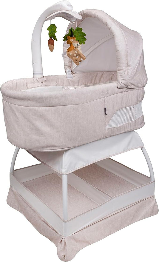 Baby Sweetli Calm Infant Bassinet Bedside Crib Sleeper with Cry Recognition, Electric Mobile with Deluxe Toys, Music, Nightlights, Vibration (Wheat Melange)