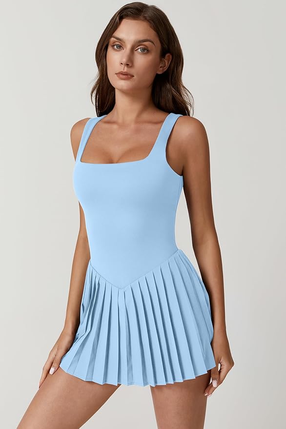 QINSEN Womens Square Neck Tennis Dress Pleated Sleeveless Built in Shorts Golf Athletic Dress with Pockets