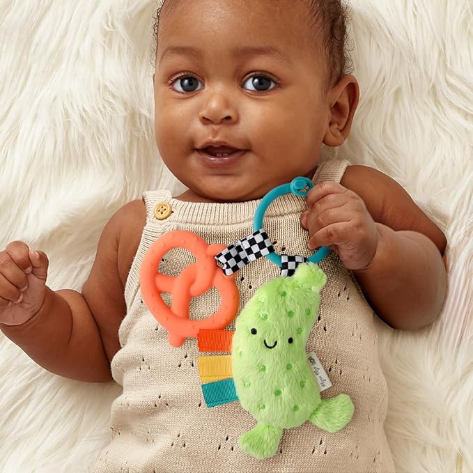 Itzy Ritzy Infant Toy & Teether - Itzy Pal Baby Teething Toy Includes Lovey, Crinkle Sound, Textured Ribbons & Silicone Teether Toy for Newborn (Pickle)