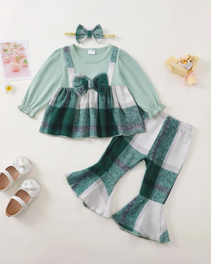 Kucnuzki Toddler Baby Girl Clothes Outfit Long Sleeve Plaid T Shirt Top Flare Leggings Pants 2 Piece Outfit Kids Clothes