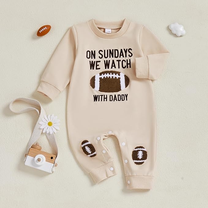 Lamuusaa Newborn Baby Girl Boy Football Outfit On Sundays We Watch Football Romper Long Sleeve Jumpsuit Fall Clothes 0-18M