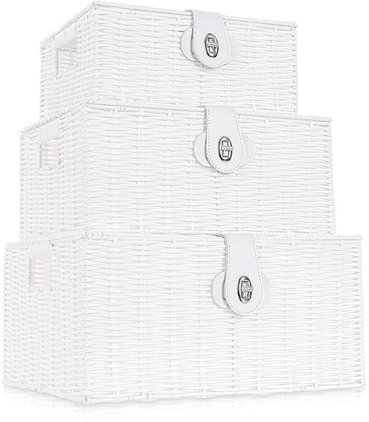 Set of 3 Woven Wicker Storage Basket Box with Lid & Lock, Built-in Carry Handles, Multifunctional Storage Organiser for Nursery, Baby, Clothes, Toys, Books, Large/Medium/Small Size (White)