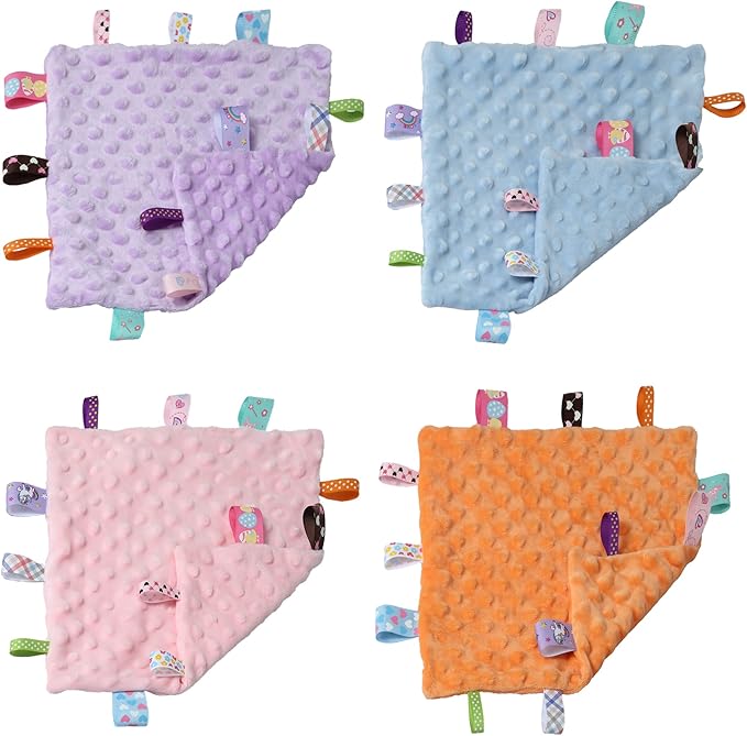 CREVENT Cozy Plush Baby Security Blanket Loveys for Baby Boys, Minky Dot Front + Sherpa Backing with Animal Face (Blue Dinosaur + Tag)