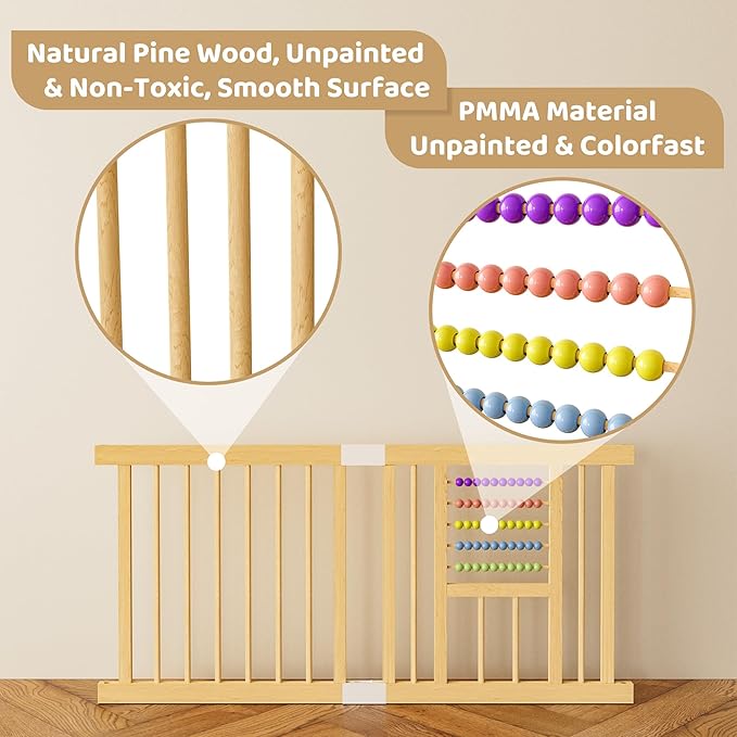 Baby Playpen with Gate, Wooden Playpen for Babies and Toddlers, Baby Play Yard with Colorful Acrylic Beads, Extra Large Fence Play Area with Suction Cups(63 * 47 * 24Inch)