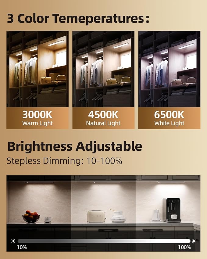 74LED Rechargeable Under Cabinet Lighting Wireless,6Pack Motion Sensor Light Indoor Battery Operated,3 Color Temps&Dimmable Closet Lights with Remote,Under Counter Lights for Kitchen,Stairs