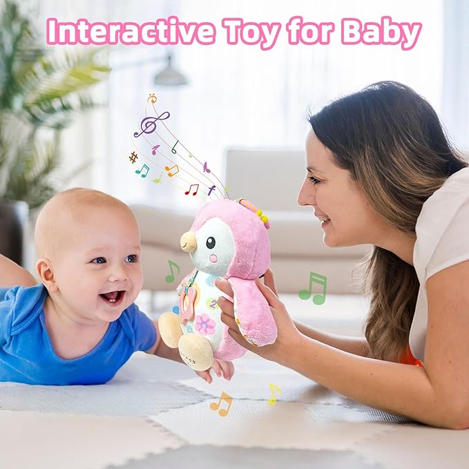 Baby Toys 0-6 Months,Musical Plush Stuffed Animal with Rattles & Crinkle Paper,Hanging Ring for Sensory Play,Tummy Time Toys for 0-12 Months Girls, Baby Girl Gift (Pink)
