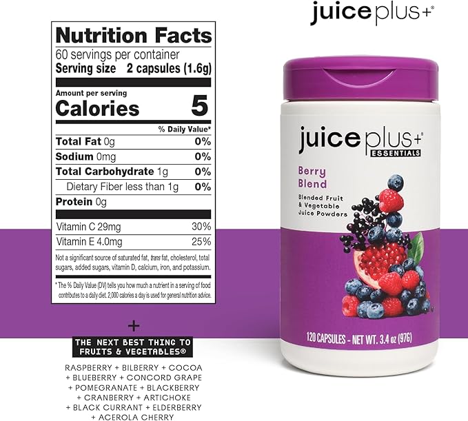 JuicePlus+ Berry Blend: with Concord Grape, Blueberry, Cranberry, and More - Whole Food Based, Vegan, Plant-Based Vitamins - Gluten-Free, Non-GMO, Kosher - 1 Bottle (60 Servings)