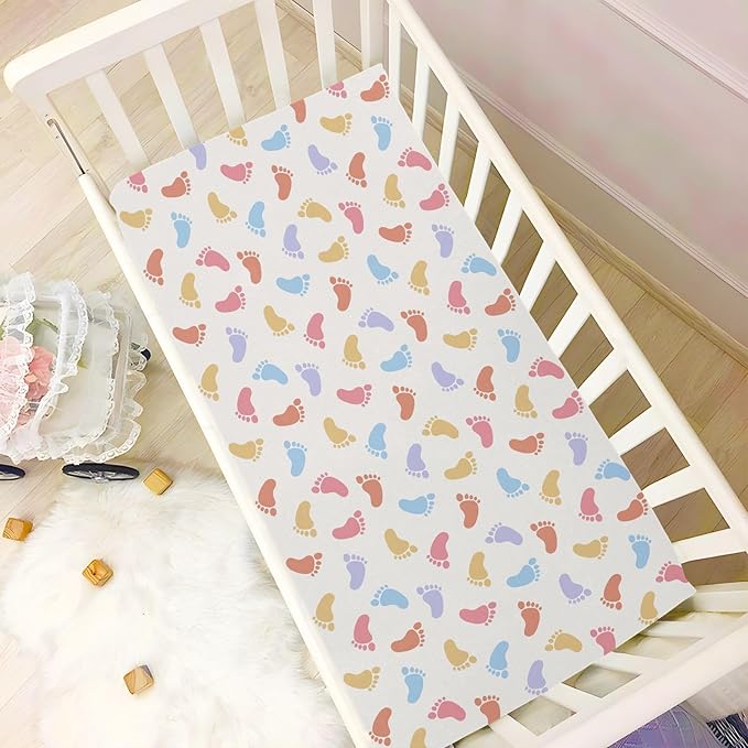 Baby Crib Sheets Colorful Baby Footprints Crib Sheets for Boys Girls,Neutral Bassinet Toddler Bed Play Sheets Breathable Soft and Portable 52 * 28 * 9in