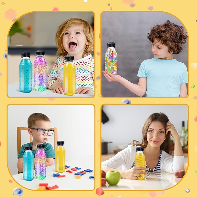 Honeydak 24 Pcs Empty Sensory Bottles Bulk with Black Lids 13.5 oz / 400 ml Clear Plastic Reusable Leakproof Juice Bottles Drink Container for Sensory Crafts Handmade Beverages Storage(Square)