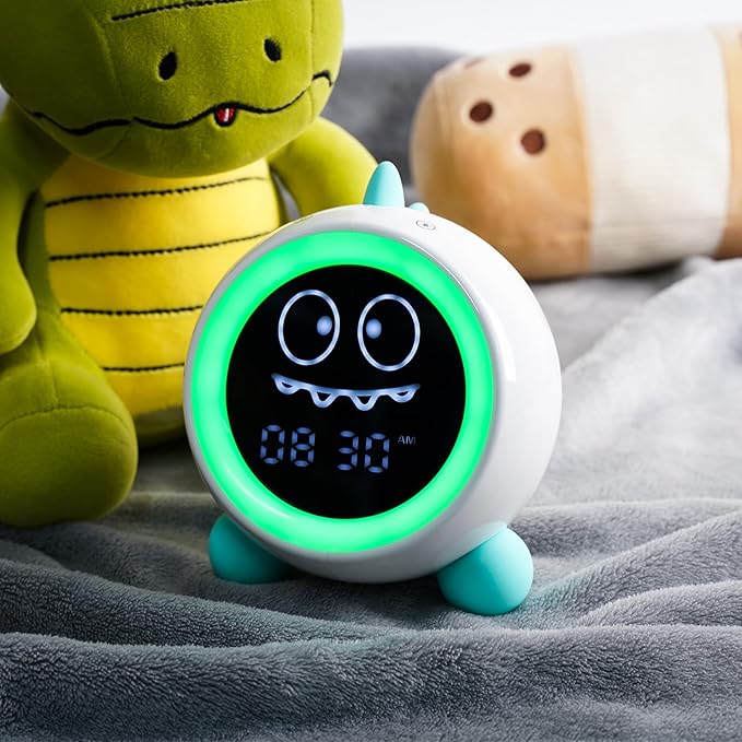 Kids Alarm Clock, Toddler Sleep Training Clock with Night Lights, Sound Machine, Time to Wake Dinosaur Alarm Clock for Children, Gift Ideas for Kids Toddler Boy Girl (Green)