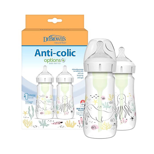 Dr. Brown’s Natural Flow Anti-Colic Options+ Wide-Neck Baby Bottle Designer Edition Bottles, Ocean Decos, 9 oz/270 mL, Level 1 Nipple, 2-Pack, 0m+
