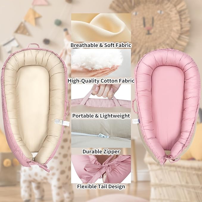 Baby Lounger, Baby Nest Cover for Baby, Reversible & Breathable Cotton, Adjustable Baby Floor Seat for Tummy Time, Portable Infant Lounger, Essentials for Newborns (Pink)
