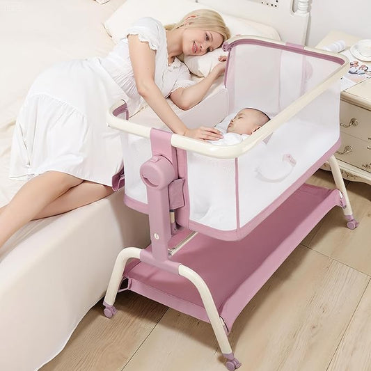 Bedside Cribs 3 in 1 Baby Bassinet Bedside Sleeper with Adjustable Height Easy Folding Portable Crib Comfy Mattress and Wheels - Pink