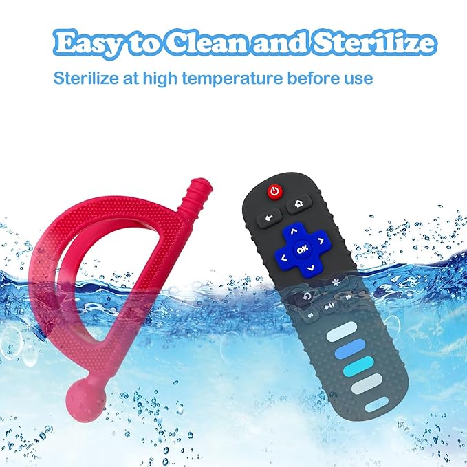 2 Pack Baby Teething Toys, Food Grade Silicone Teethers for Babies 18+ Months, TV Remote Shape Teething Toy and A New Type Grip Teether, Chew Toys for Boys and Girls, Freezer BPA Free