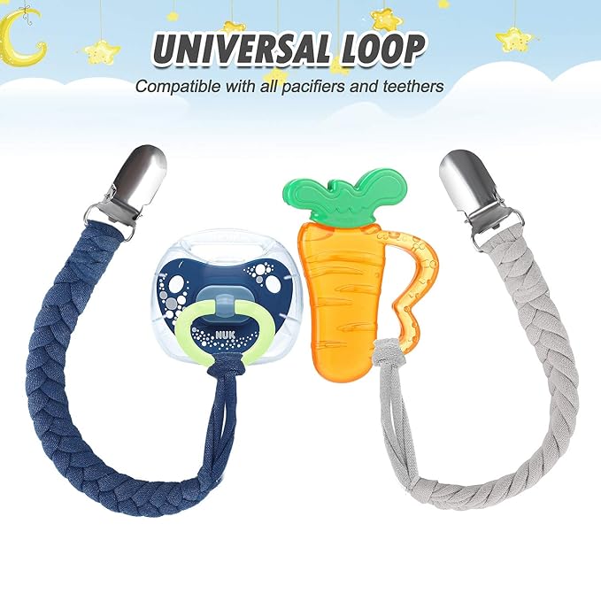 Pacifier Clip for Boys and Girls, 6 Pack Baby Pacifier Holder Leash 100% Handmade Braided Fits All Pacifiers & Teething Toys Modern Unisex Baby Gift
