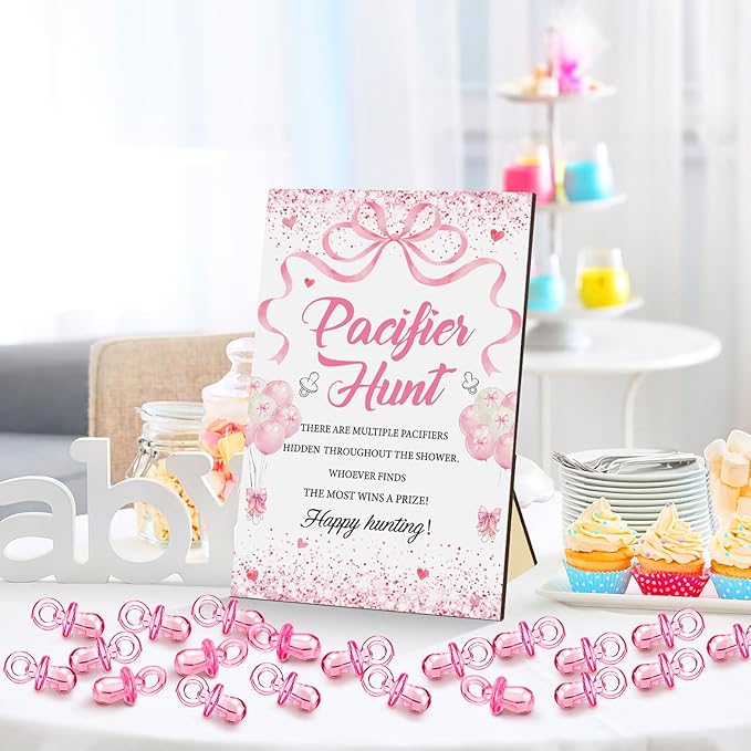 Thyle 51 Pcs Pacifier Hunt Baby Shower Games Include Hunt Sign and 50 Acrylic Pacifiers for Baby Shower Game Decoration Gift Sets Gender Reveal Party Decor(Pink Bow)