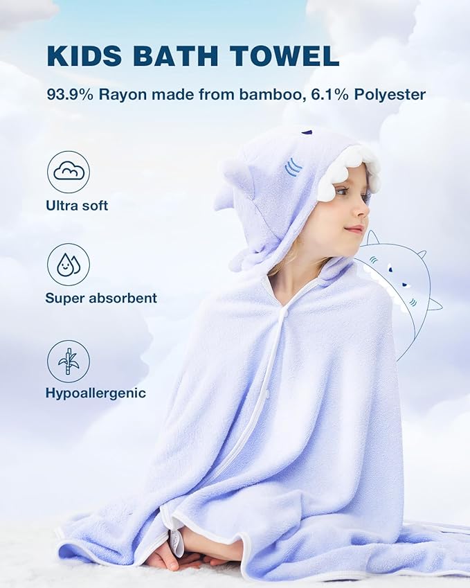ZIONOR Hooded Bath Towel for Kids - 50''L x 35''W Extra-Large Hooded Towels for Big Kids 6-10, Kids Beach Towels Made from Bamboo Rayon, Suitable for Bath, Pool, Beach(Purple Shark)