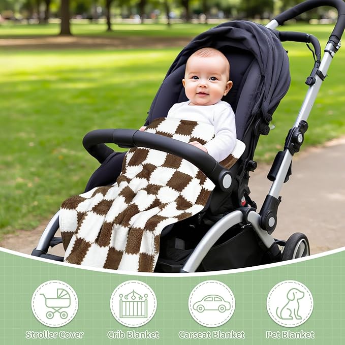 Checkered Baby Blanket for Boys Girls, 2 Pack Soft Baby Boy Girl Blankets, Small 28 x 40 inches Toddler Fleece Blanket, Essentials Crib Stroller Items, Newborn Gift (Coffee)