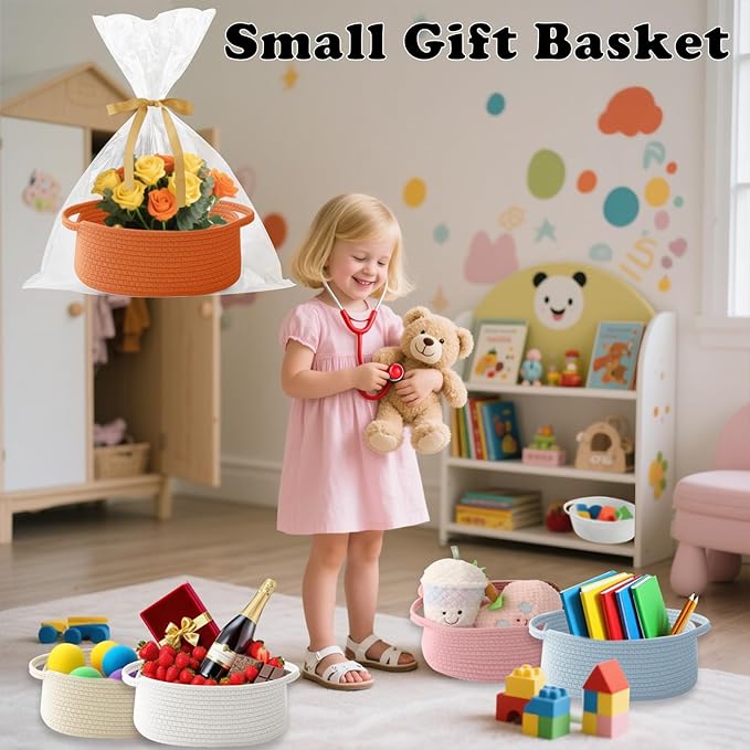 Gift Basket with Gift Bag and Ribbons,Small Rope Woven Shelf Storage,Baskets for Gifts Empty,Birthday,Shower,Decorative Organizer Box for Cat Dog Pet with Handles(Orange)