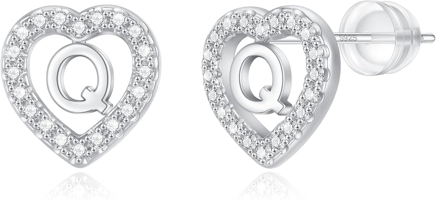 Initial Heart Earrings for Girls, Sterling Silver Post Silver/Rose Gold Heart Initial Stud Earrings for Little Girls Kids Baby Earrings Non Tarnish Hypoallergenic Earrings for Teen Girls Gifts Jewelry