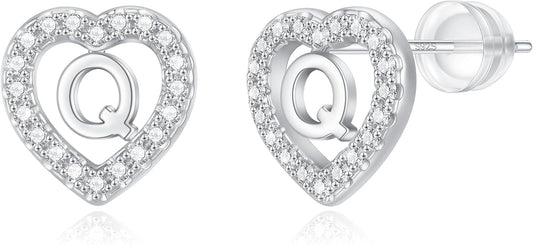 Initial Heart Earrings for Girls, Sterling Silver Post Silver/Rose Gold Heart Initial Stud Earrings for Little Girls Kids Baby Earrings Non Tarnish Hypoallergenic Earrings for Teen Girls Gifts Jewelry