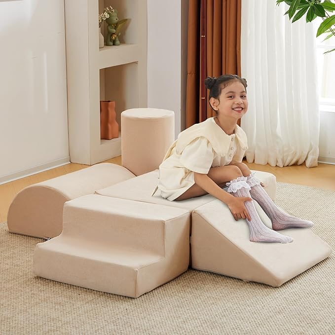 jela Kids Foam Climbing Blocks 6Pcs Soft Play Equipment Luxury Miss Fabric Toddler Climbing Toys Indoor, Lightweight Climbing Blocks for Babies, Kids, Climb and Crawl Foam Playset (Sand Beige)