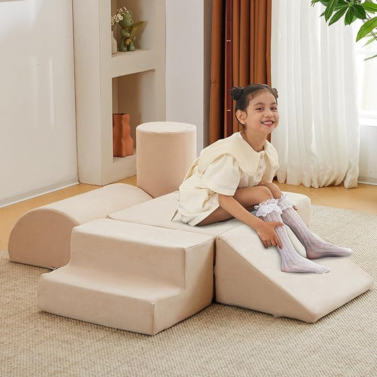 jela Kids Foam Climbing Blocks 6Pcs Soft Play Equipment Luxury Miss Fabric Toddler Climbing Toys Indoor, Lightweight Climbing Blocks for Babies, Kids, Climb and Crawl Foam Playset (Sand Beige)