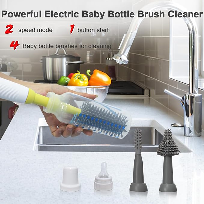 Electric Bottle Brush Set, 360°Automatic Bottle Brush Cleaner with 3 Sizes Replaceable Silicone Bottle Brush and Extension Handle for Long Bottles，Straw Cleaner Brush,IPX65& Rechargeable(Grey)