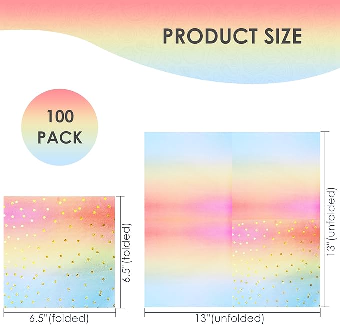 13X13 Inch Pink and Gold Napkins,Pink Rainbow Disposable Cocktail Paper Napkins for Women Birthday Wedding Rainbow Party Supplies