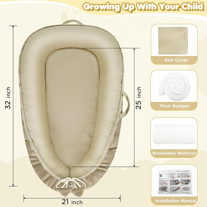 Baby Lounger - Baby Lounger for Newborn 0-24 Months, Breathable and Soft Cotton and Velvet Cover Baby Nest, Portable Cozy Infant Lounger for Home and Travel, Ideal Baby Essentials & Shower Gifts