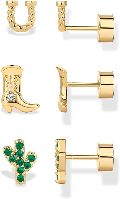 PAVOI 14K Gold Plated Dainty Flat Back Earrings for Women - Hypoallergenic Sterling Silver Posts Helix Cartilage Piercing Jewelry - Emoji Motif Bow Celestial Flatback Gold Stud Earrings Screw Back